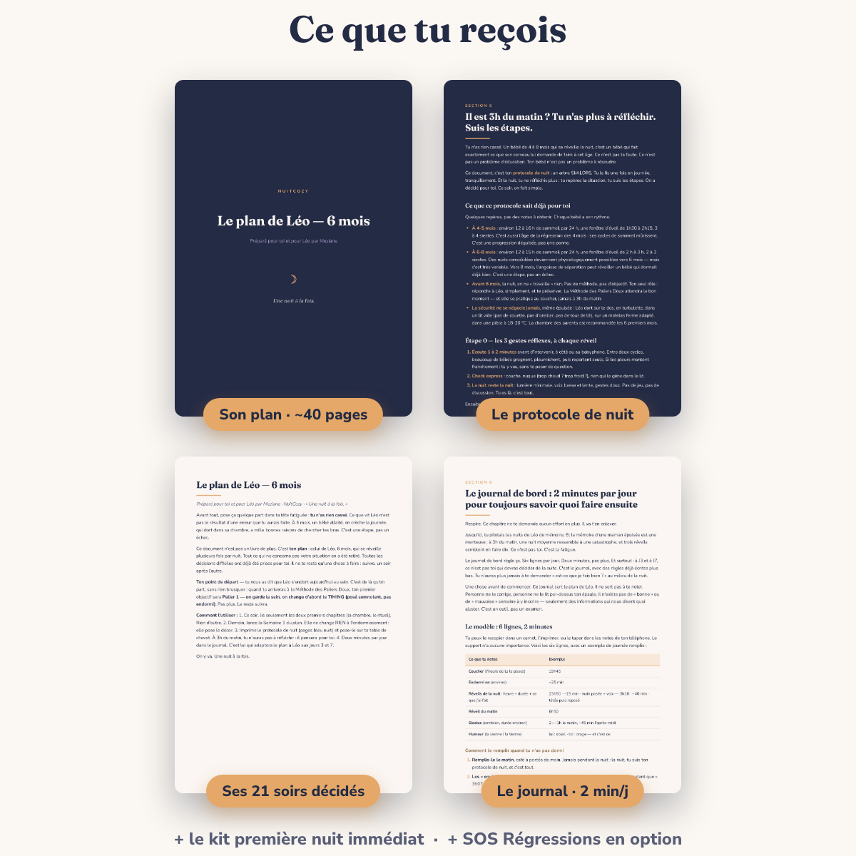 Ce que tu reçois : son plan, le protocole de nuit, ses 21 soirs, le journal